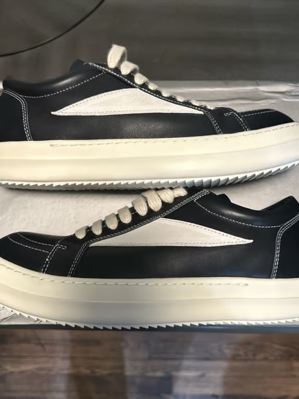 Rick Owens Black Leather Sneakers with Cream Details